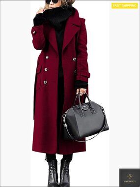 Double Breasted Wool Pea Coat Belted Midi Winter Overcoat Business Casual